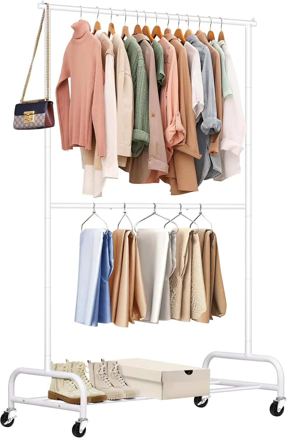 رگال لباس دو میله ای سنگین SLEEPING LAMB، رگال فلزی چرخ دار لباس با چرخ، رگال کمد لباس برای کت و شلوار و پیراهن (سفید)