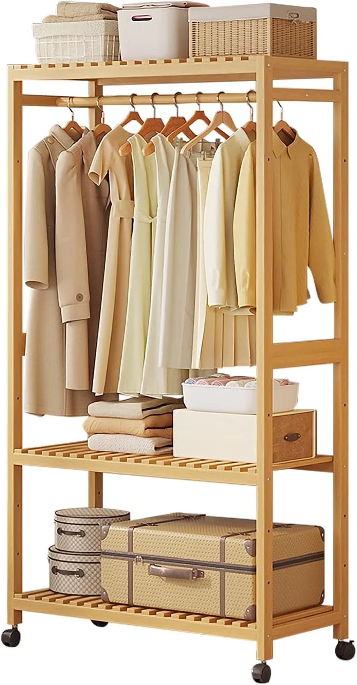 رگال لباس سولرکنم، رگال لباس چرخ دار سنگین برای آویزان کردن لباس، سازمان دهنده کمد و رگال لباس با قفسه های قابل تنظیم (طبیعی، 83 x 34 x 160 سانتی متر)