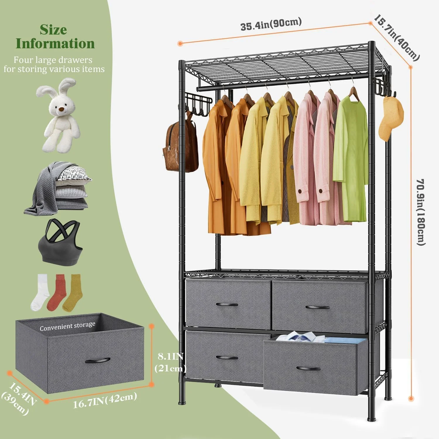 رگال لباس Solerconm، رگال لباس با 4 کشو، رگال فلزی لباس، رگال کمد قابل حمل، قفسه سیمی با ظرفیت بزرگ مناسب برای آویزان کردن لباس و نگهداری وسایل (مشکی، 90x40x180 سانتی متر)