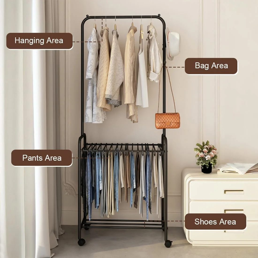 رگال لباس با آویز شلوار، رگال فلزی لباس چرخ دار، رگال لباس ایستاده با آویز شلوار (مشکی، 70 x 39 x 175 سانتی متر) رگال لباس با آویز شلوار، رگال فلزی لباس چرخ دار، رگال لباس ایستاده با آویز شلوار (مشکی، 70 x 39 x 175 سانتی متر)