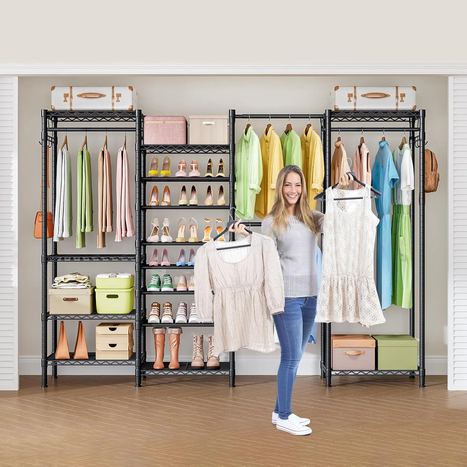 رگال لباس سنگین با قفسه سیمی قابل تنظیم برای کفش، سازمان دهنده کمد لباس بزرگ، رگال لباس ایستاده با میله آویز (ترکیب A1، مشکی)