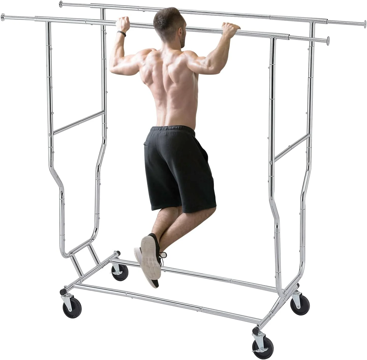 رگال لباس، سازمان دهنده لباس استیل ضد زنگ با چرخ، رگال لباس دو میله برای آویزان کردن لباس (نقره ای، 130 x 55 x 160 سانتی متر) رگال لباس، سازمان دهنده لباس استیل ضد زنگ با چرخ، رگال لباس دو میله برای آویزان کردن لباس (نقره ای، 130 x 55 x 160 سانتی متر)