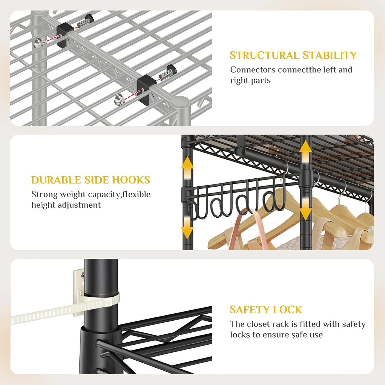 ریل لباس ال شکل، ریل لباس سنگین برای گوشه، قفسه لباس ایستاده با قفسه های قابل تنظیم و 3 میله آویز (مشکی، 145 x 40 x 194 سانتی متر)