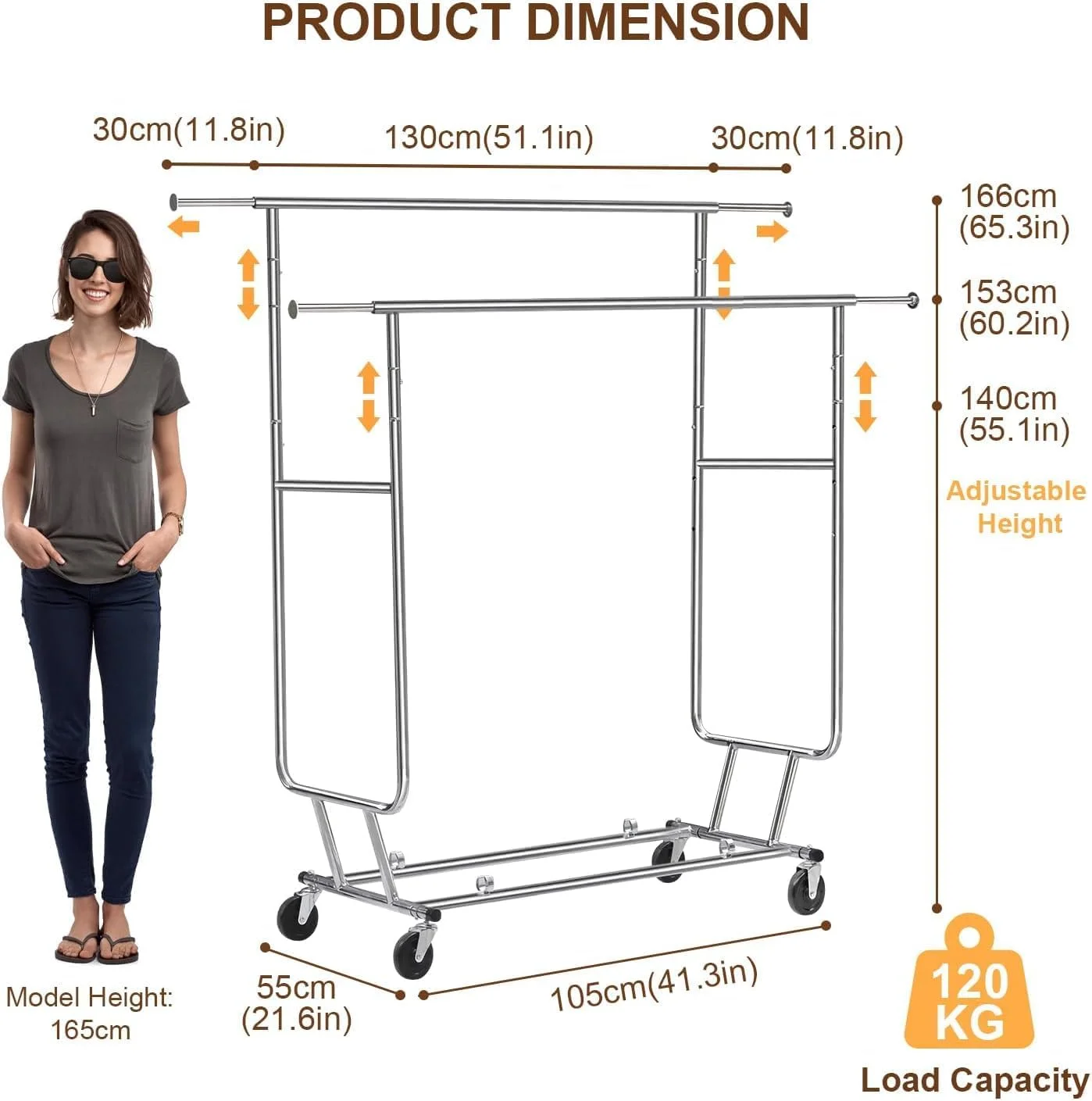 رگال لباس، سازمان دهنده لباس استیل ضد زنگ با چرخ، رگال لباس دو میله برای آویزان کردن لباس (نقره ای، 130 x 55 x 160 سانتی متر) رگال لباس، سازمان دهنده لباس استیل ضد زنگ با چرخ، رگال لباس دو میله برای آویزان کردن لباس (نقره ای، 130 x 55 x 160 سانتی متر)