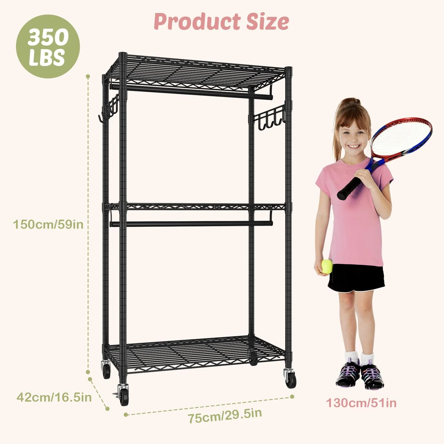 رگال لباس کودک، رگال آویز لباس بچه گانه، رگال لباس چرخ دار کوچک و مقاوم، استند لباس ایستاده با چرخ برای دختران، پسران و نوزاد (مشکی، 75 x 42 x 150 سانتی متر)