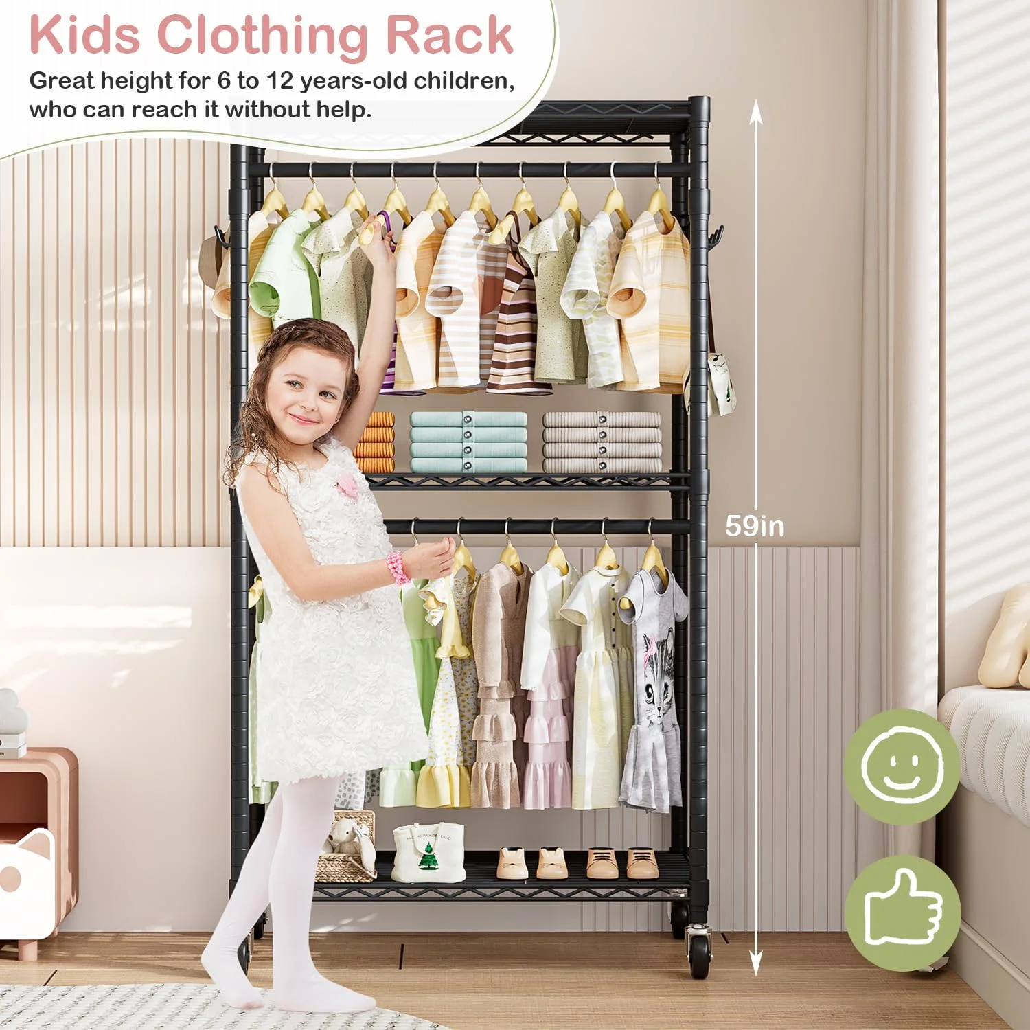 رگال لباس کودک، رگال آویز لباس بچه گانه، رگال لباس چرخ دار کوچک و مقاوم، استند لباس ایستاده با چرخ برای دختران، پسران و نوزاد (مشکی، 75 x 42 x 150 سانتی متر)