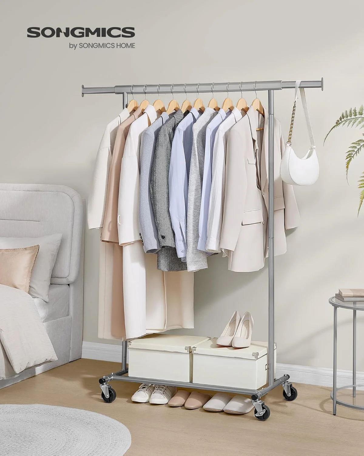 رگال لباس چرخ دار SONGMICS، ریل لباس سنگین، با ریل آویز قابل افزایش، ظرفیت بار 90 کیلوگرم، مونتاژ آسان، قابل حمل، خاکستری کبوتر HSR013G01