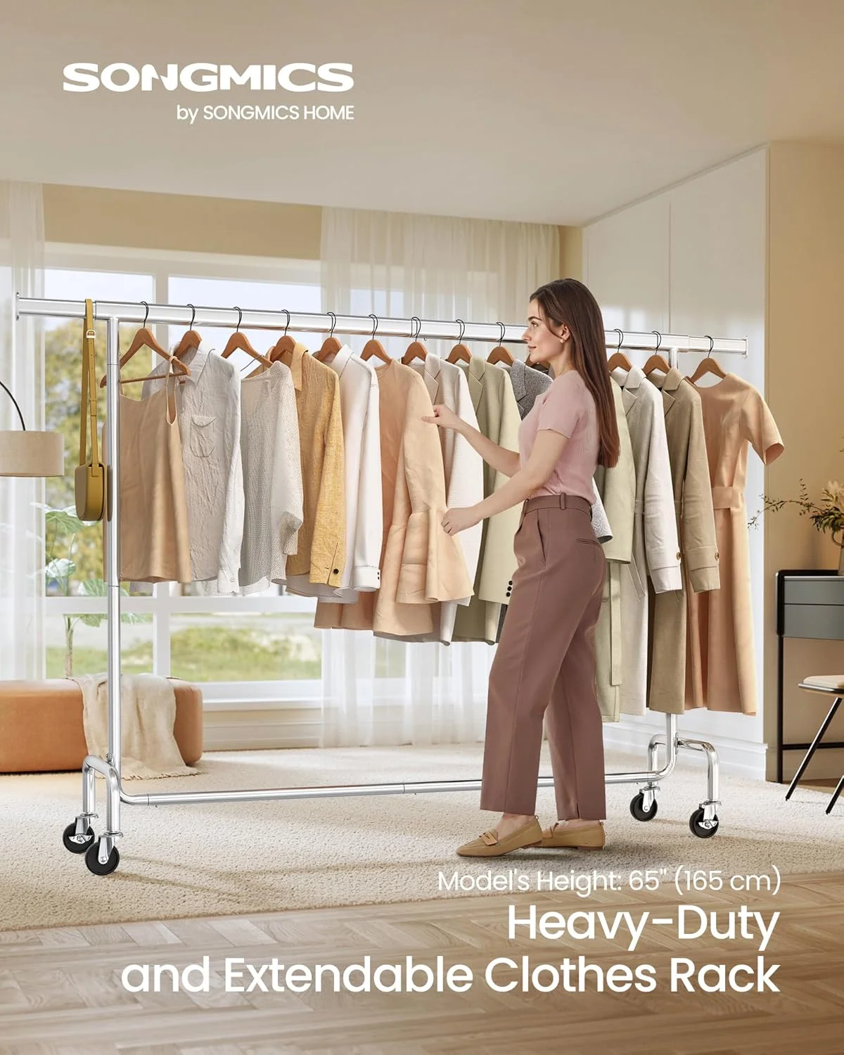 ریل لباس سنگین SONGMICS با قابلیت افزایش طول، دارای چرخ، 110 کیلوگرم، 45 x (160-200) x 162.9 سانتی متر، فلزی با روکش کروم نقره ای HSR176E01