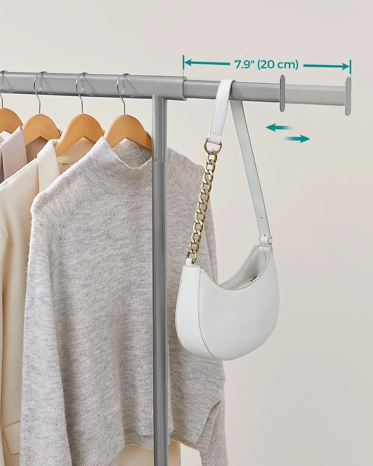 رگال لباس چرخ دار SONGMICS، ریل لباس سنگین، با ریل آویز قابل افزایش، ظرفیت بار 90 کیلوگرم، مونتاژ آسان، قابل حمل، خاکستری کبوتر HSR013G01