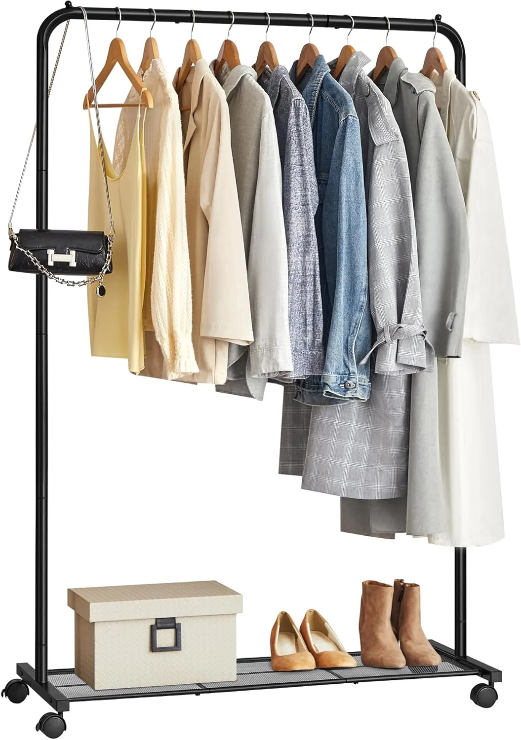 رگال لباس چرخ دار SONGMICS، رگال فلزی تک ردیفه لباس، با قفسه ذخیره سازی، میله بالایی تا 40 کیلوگرم را تحمل می کند، مشکی HSR25BK