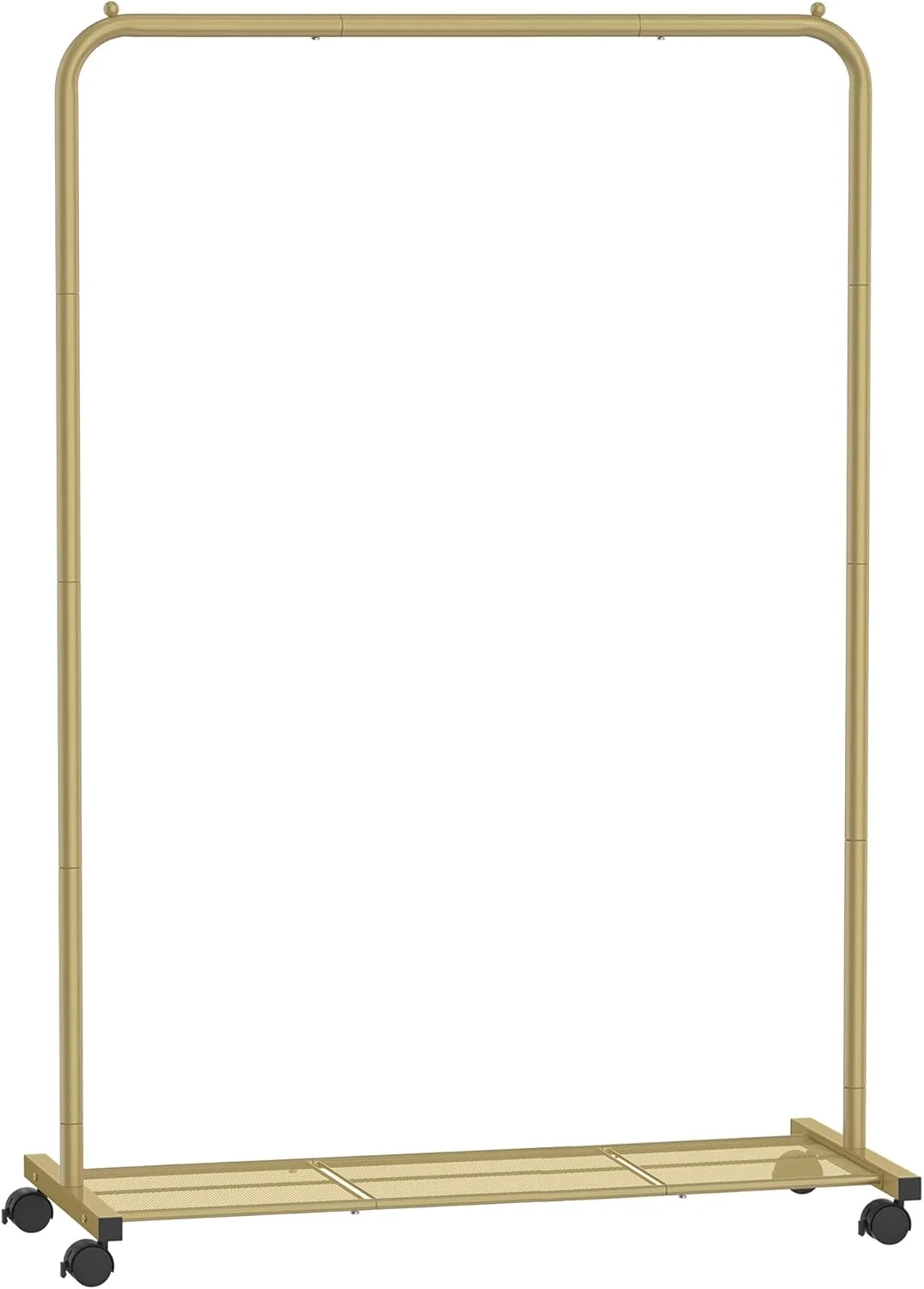رگال لباس SONGMICS چرخ دار، رگال آویز لباس، رگال فلزی 25.4 میلی متری با قفسه توری متراکم، ظرفیت بار 50 کیلوگرم، 2 ترمز، طلایی UHSR025A01