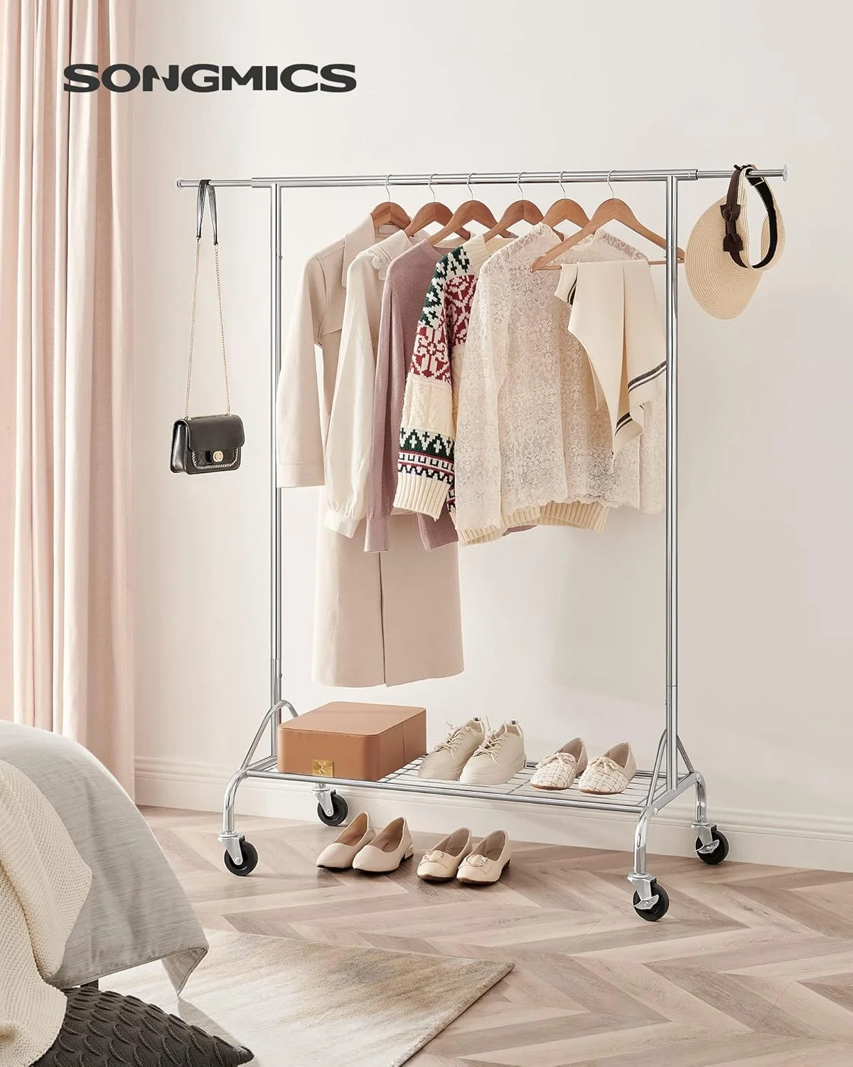 ریل لباس فلزی سنگین Songmics با قفسه کفش، کروم، حداکثر بار 50 کیلوگرم، Hsr02S ریل لباس فلزی سنگین Songmics با قفسه کفش، کروم، حداکثر بار 50 کیلوگرم، Hsr02S