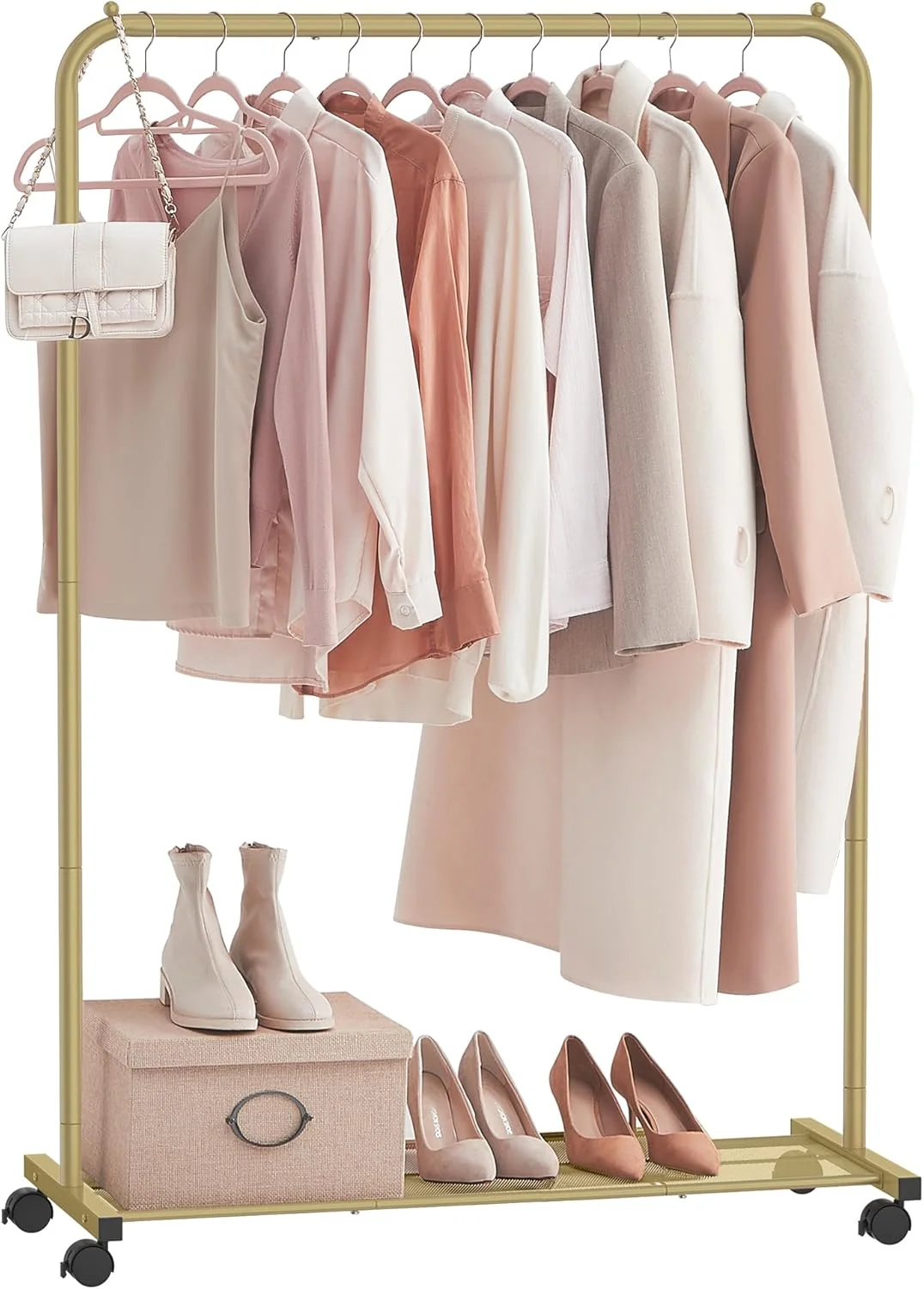 رگال لباس SONGMICS چرخ دار، رگال آویز لباس، رگال فلزی 25.4 میلی متری با قفسه توری متراکم، ظرفیت بار 50 کیلوگرم، 2 ترمز، طلایی UHSR025A01 رگال لباس SONGMICS چرخ دار، رگال آویز لباس، رگال فلزی 25.4 میلی متری با قفسه توری متراکم، ظرفیت بار 50 کیلوگرم، 2 ترمز، طلایی UHSR025A01