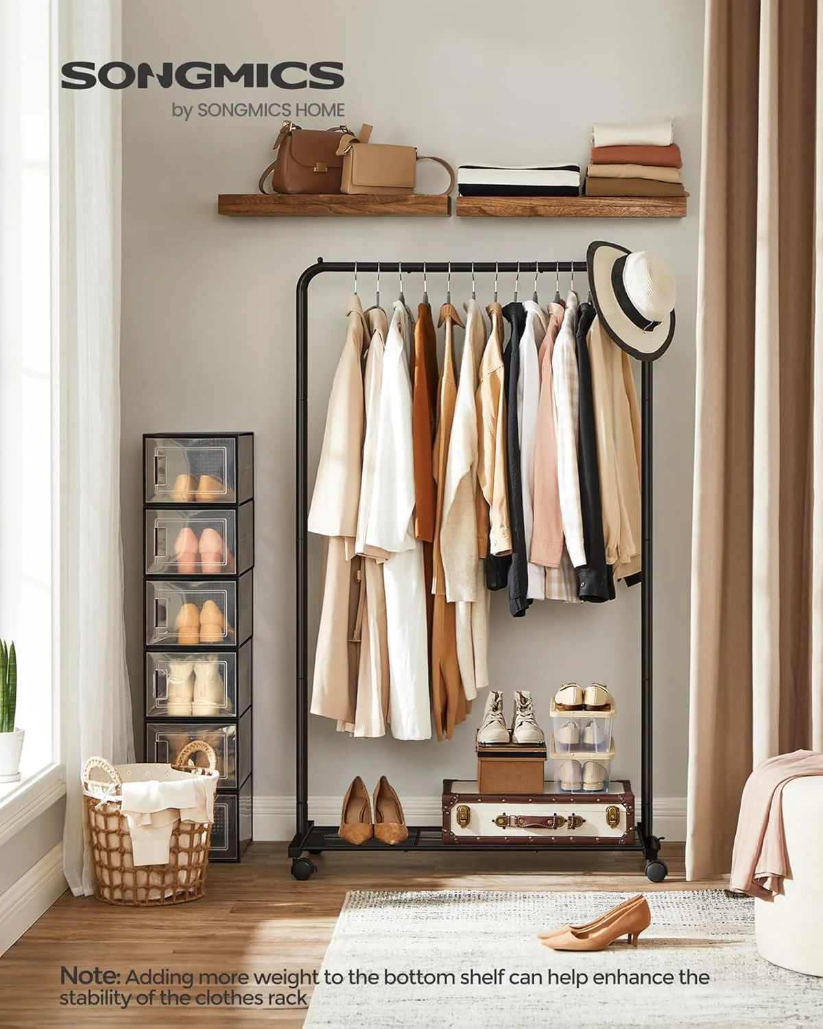 رگال لباس چرخ دار SONGMICS، رگال فلزی تک ردیفه لباس، با قفسه ذخیره سازی، میله بالایی تا 40 کیلوگرم را تحمل می کند، مشکی HSR25BK