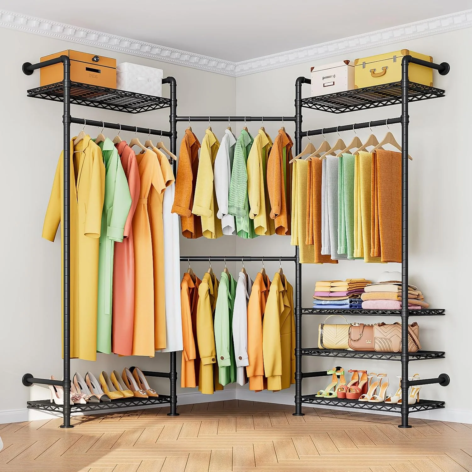 رگال لباس دیواری، رگال لباس سنگین با 2 میله قابل گسترش، رگال لباس فلزی با 4 ریل و 6 قفسه، رگال لباس قابل تنظیم (مشکی، 240 x 30 x 220 سانتی متر)