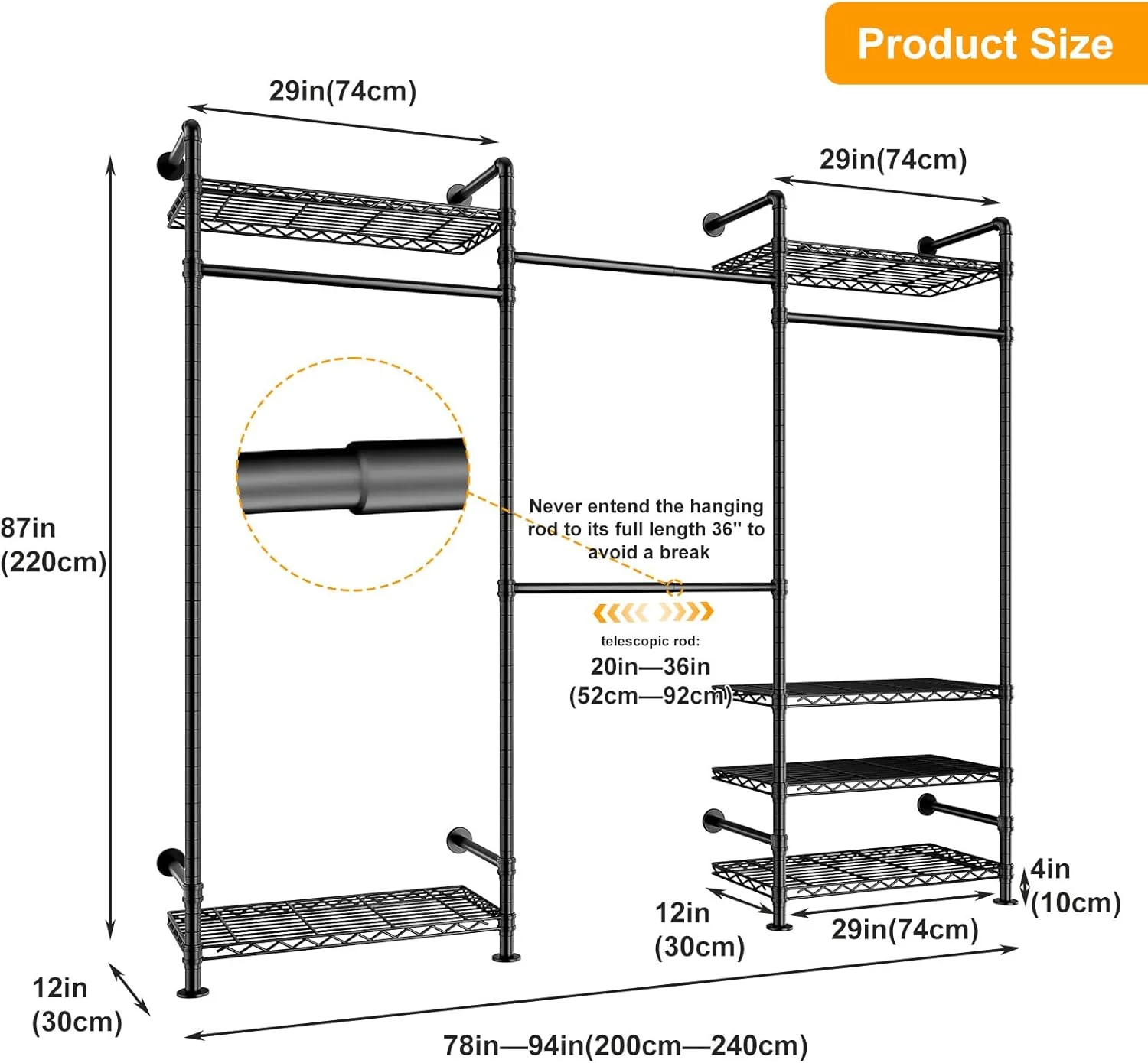 رگال لباس دیواری، رگال لباس سنگین با 2 میله قابل گسترش، رگال لباس فلزی با 4 ریل و 6 قفسه، رگال لباس قابل تنظیم (مشکی، 240 x 30 x 220 سانتی متر)