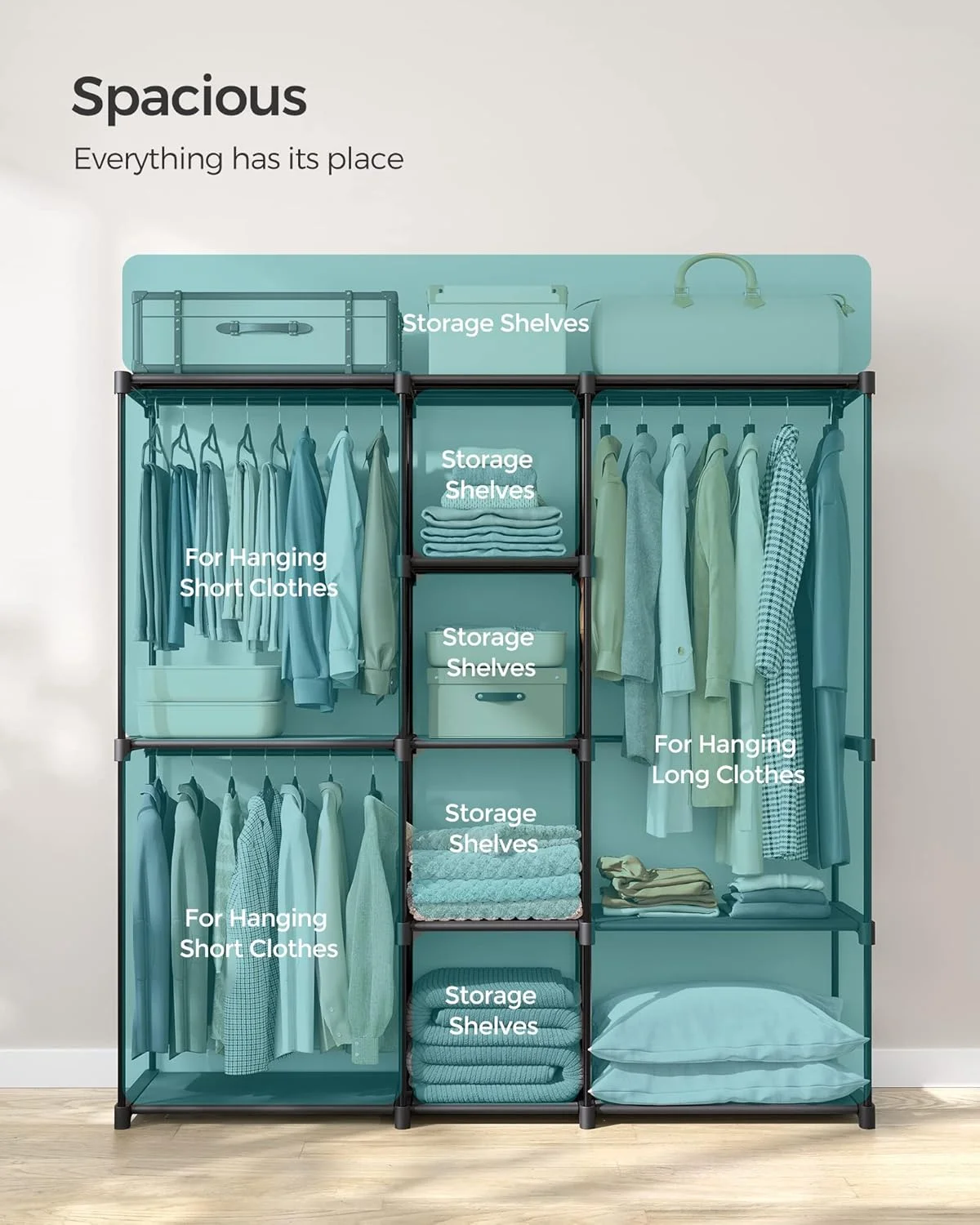 کمد لباس قابل حمل SONGMICS، سازمان دهنده کمد لباس مستقل، قفسه لباس با قفسه، میله های آویز، سازمان دهنده ذخیره سازی، برای رختکن، اتاق خواب، 182x43x182 سانتی متر، مشکی URYG037B02