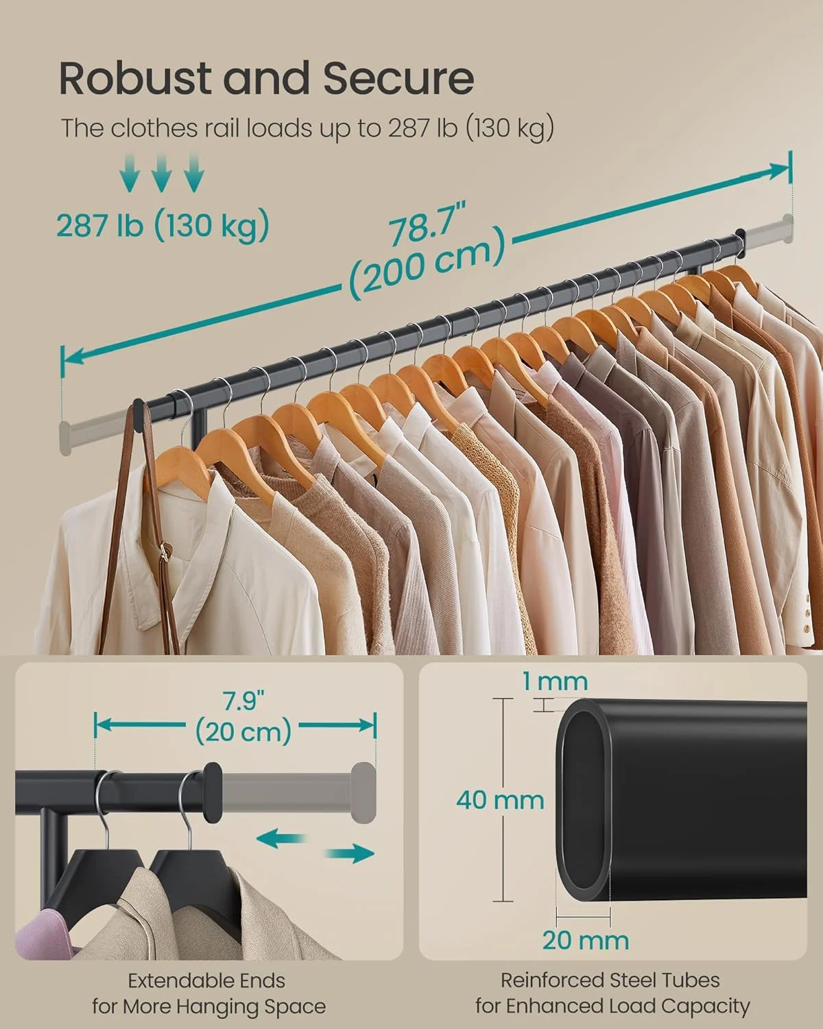 رگال لباس SONGMICS چرخ دار، رگال لباس سنگین برای آویزان کردن لباس، قابل حمل، 45 x (160-200) x 161.5 سانتی متر، با میله آویز قابل افزایش، ظرفیت بار 150 کیلوگرم، مشکی UHSR175B01