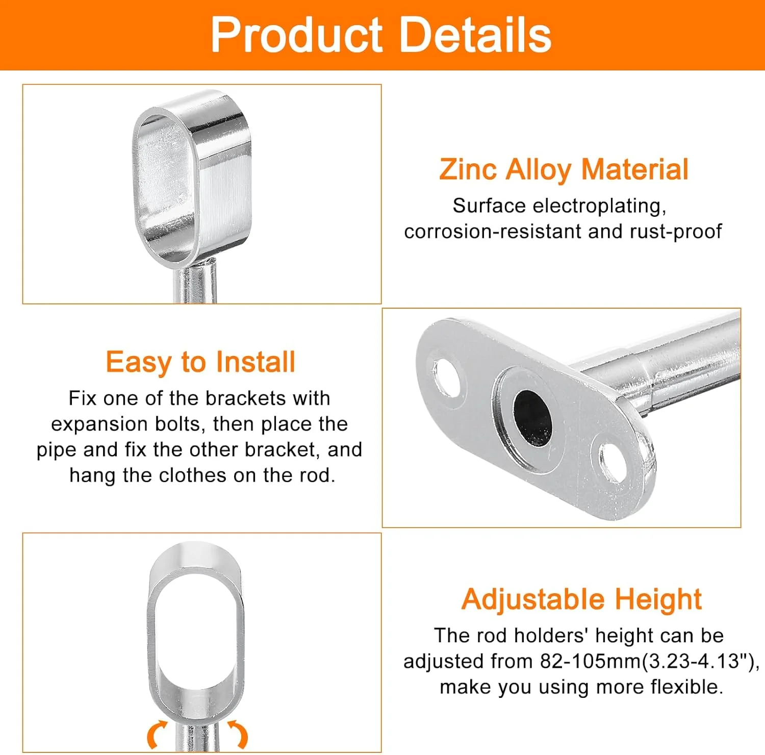 گیره نگهدارنده میله کمد لباس قابل تنظیم، نگهدارنده میله لوازم جانبی کمد رخت آویز برای اتاق خواب حمام، نقره ای گیره نگهدارنده میله کمد لباس قابل تنظیم، نگهدارنده میله لوازم جانبی کمد رخت آویز برای اتاق خواب حمام، نقره ای