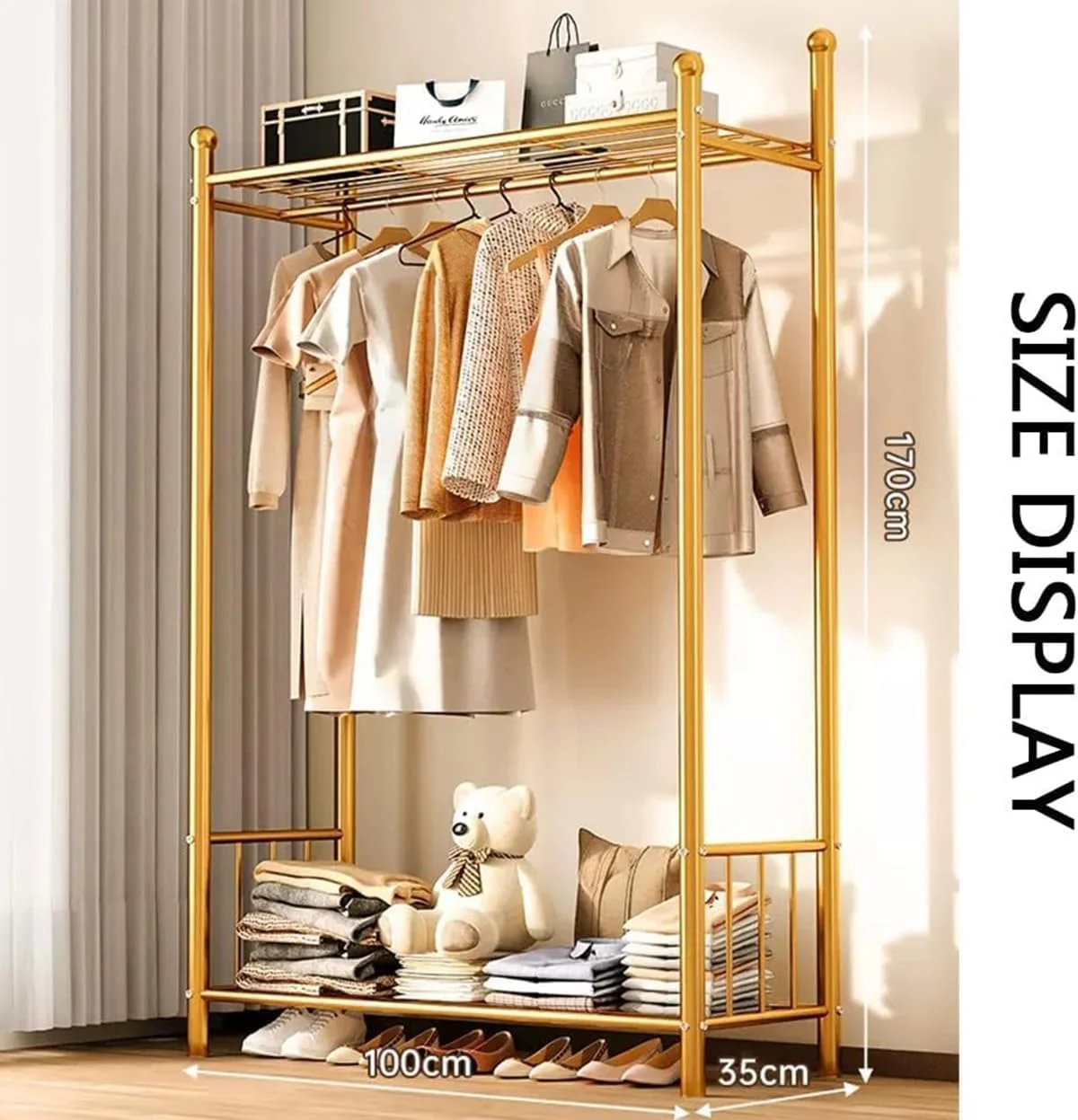 رگال لباس ایستاده با قفسه، رگال آویز لباس فلزی مستقل، تک ریل، کمد لباس با قفسه نگهداری بالا و پایین برای کفش کیف سبد، سازمان دهنده لباس اتاق خواب (مدل D)