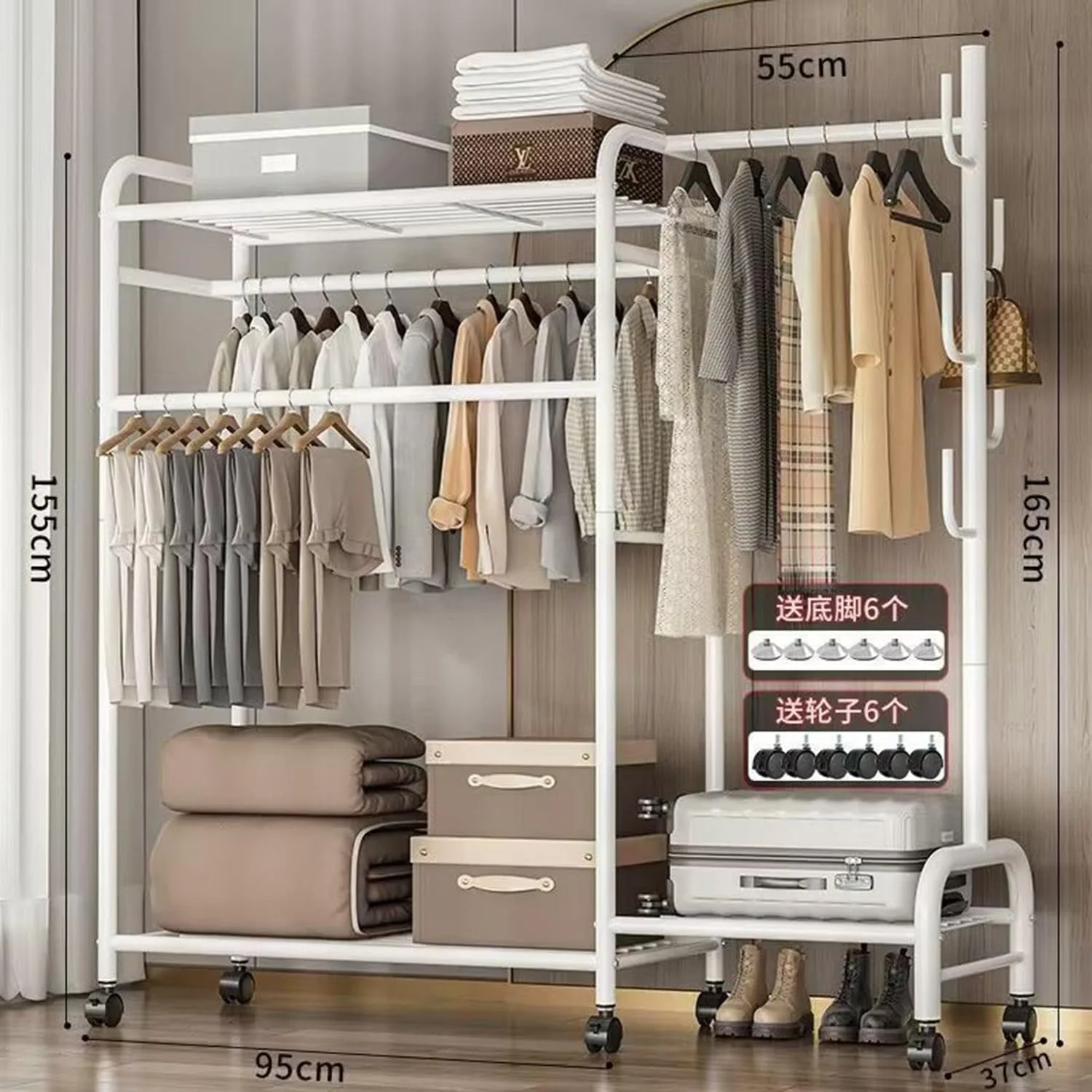 رگال لباس ایستاده با قفسه، رخت آویز، رگال آویز لباس فلزی مستقل، تک ریل، قفسه نگهداری بالا و پایین کمد لباس، مناسب برای کفش، کیف دستی، سبد، سازمان دهنده لباس اتاق خواب (سفید-D)