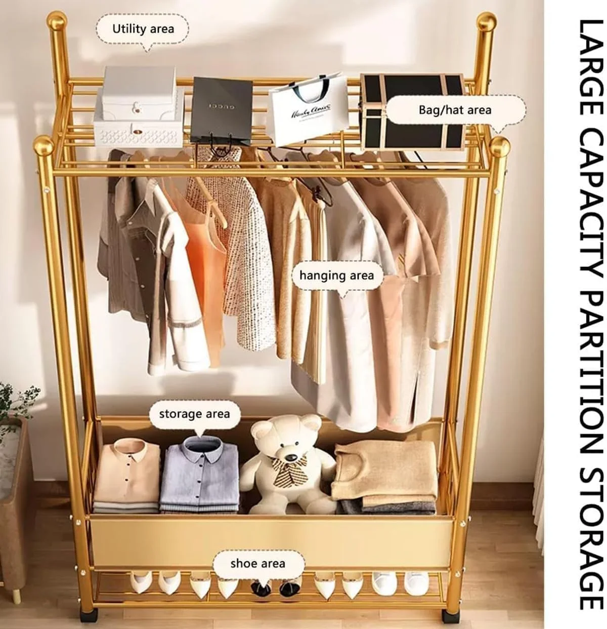 رگال لباس ایستاده با قفسه، رگال آویز لباس فلزی مستقل، تک ریل، کمد لباس با قفسه نگهداری بالا و پایین برای کفش کیف سبد، سازمان دهنده لباس اتاق خواب (مدل D)