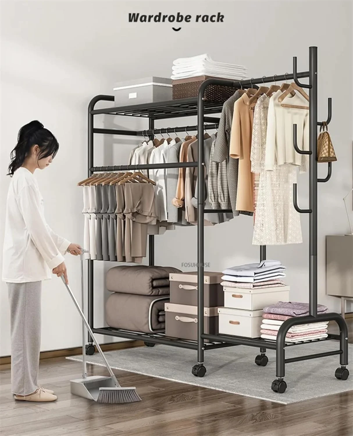رگال لباس ایستاده با قفسه، رخت آویز، رگال آویز لباس فلزی مستقل، تک ریل، قفسه نگهداری بالا و پایین کمد لباس، مناسب برای کفش، کیف دستی، سبد، سازمان دهنده لباس اتاق خواب (سفید-D)
