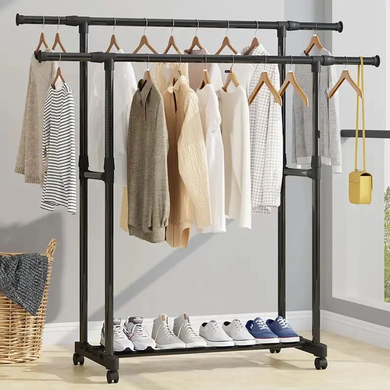 رگال لباس استیل دو میله تلسکوپی متحرک قابل حمل و تنظیم ارتفاع، آویز لباس تاشو با چرخ رگال لباس استیل دو میله تلسکوپی متحرک قابل حمل و تنظیم ارتفاع، آویز لباس تاشو با چرخ