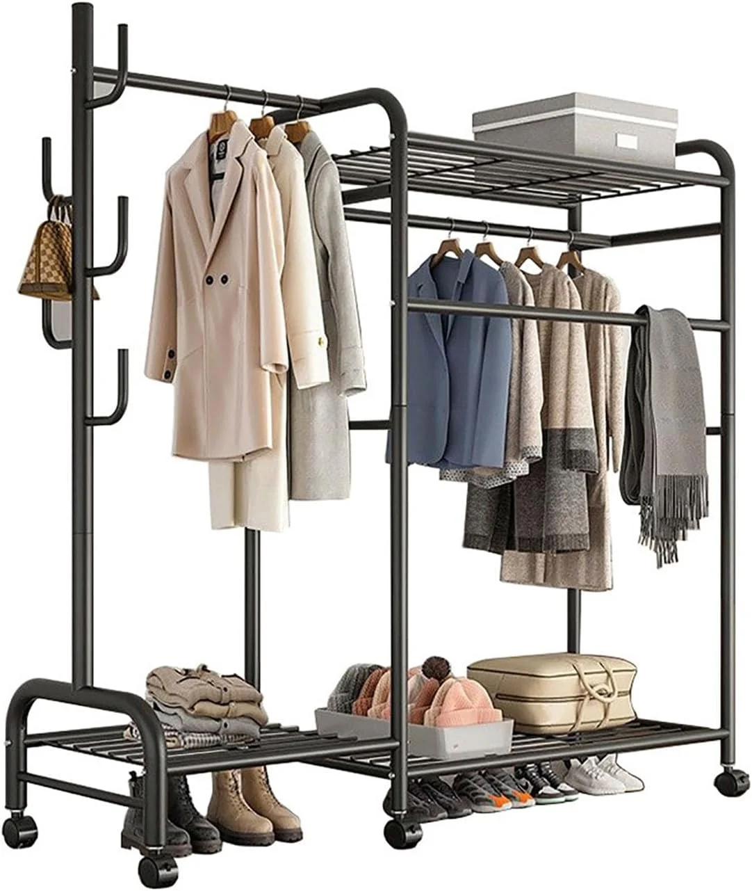 رگال لباس سنگین با چرخ، رگال چند منظوره لباس با 3 میله، 3 قفسه توری و 5 قلاب، رگال نمایشگر فلزی ایستاده برای آویزان کردن لباس، سازمان دهنده لباس اتاق خواب (مشکی)