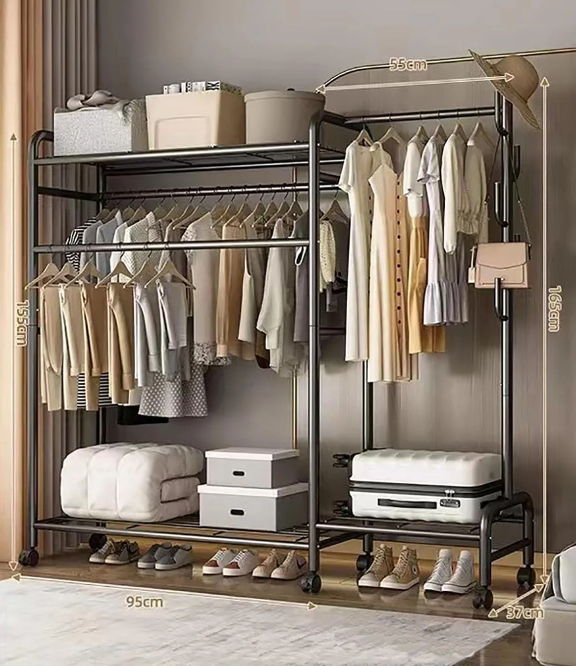 رگال لباس سنگین با چرخ، رگال چند منظوره لباس با 3 میله، 3 قفسه توری و 5 قلاب، رگال نمایشگر فلزی ایستاده برای آویزان کردن لباس، سازمان دهنده لباس اتاق خواب (مشکی)