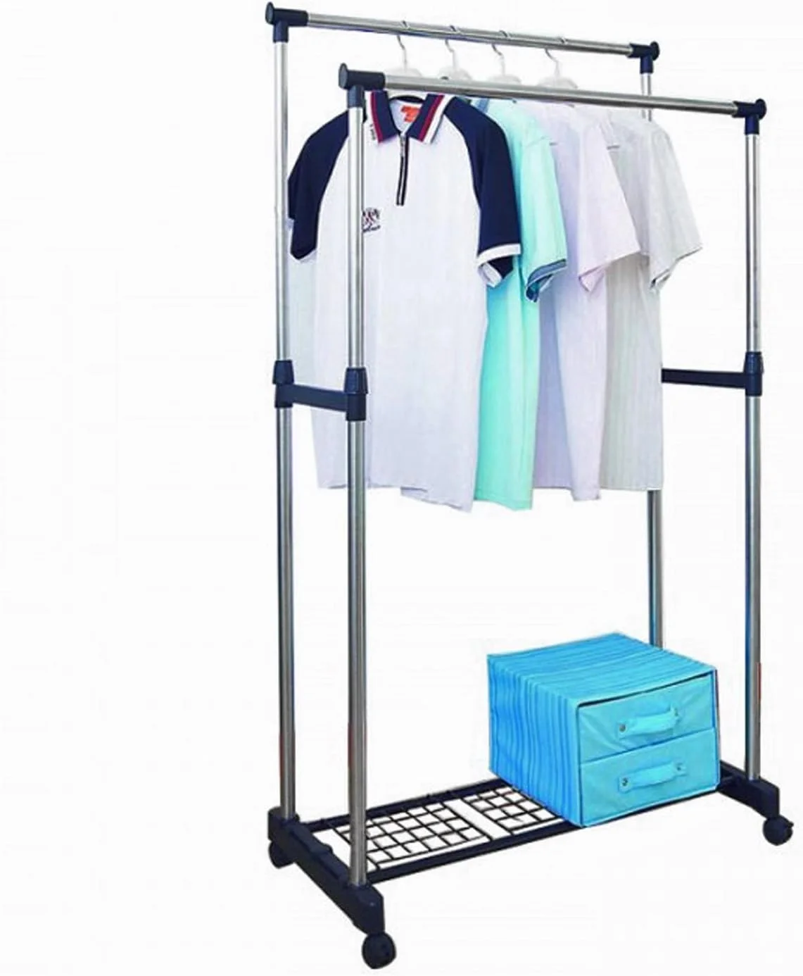 رگال لباس دو میله استیل Styleys، رگال ریلی چرخ دار، (برای لباس/کفش) قابل تنظیم رگال لباس دو میله استیل Styleys، رگال ریلی چرخ دار، (برای لباس/کفش) قابل تنظیم