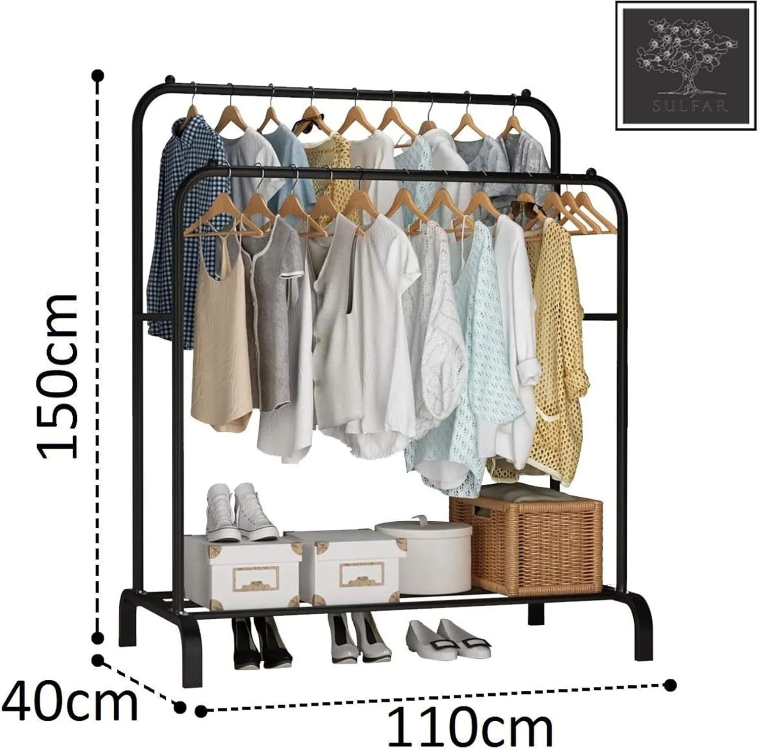 قفسه نگهداری سولفار 2 طبقه با 2 میله آویز لباس و چرخ دار - مشکی قفسه نگهداری سولفار 2 طبقه با 2 میله آویز لباس و چرخ دار - مشکی