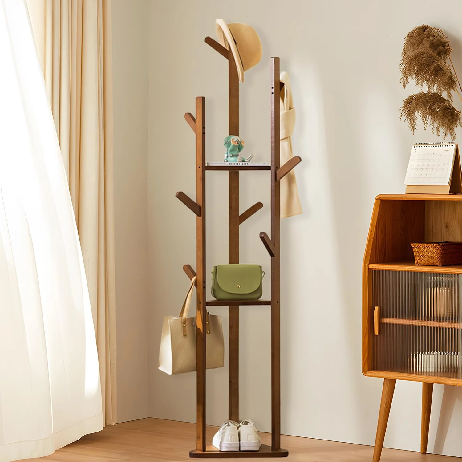چوب لباسی ایستاده بامبو: رخت آویز چوبی با 3 طبقه و 10 آویز، مناسب برای ورودی منزل، چند منظوره، مناسب اتاق خواب و راهرو (گردویی)