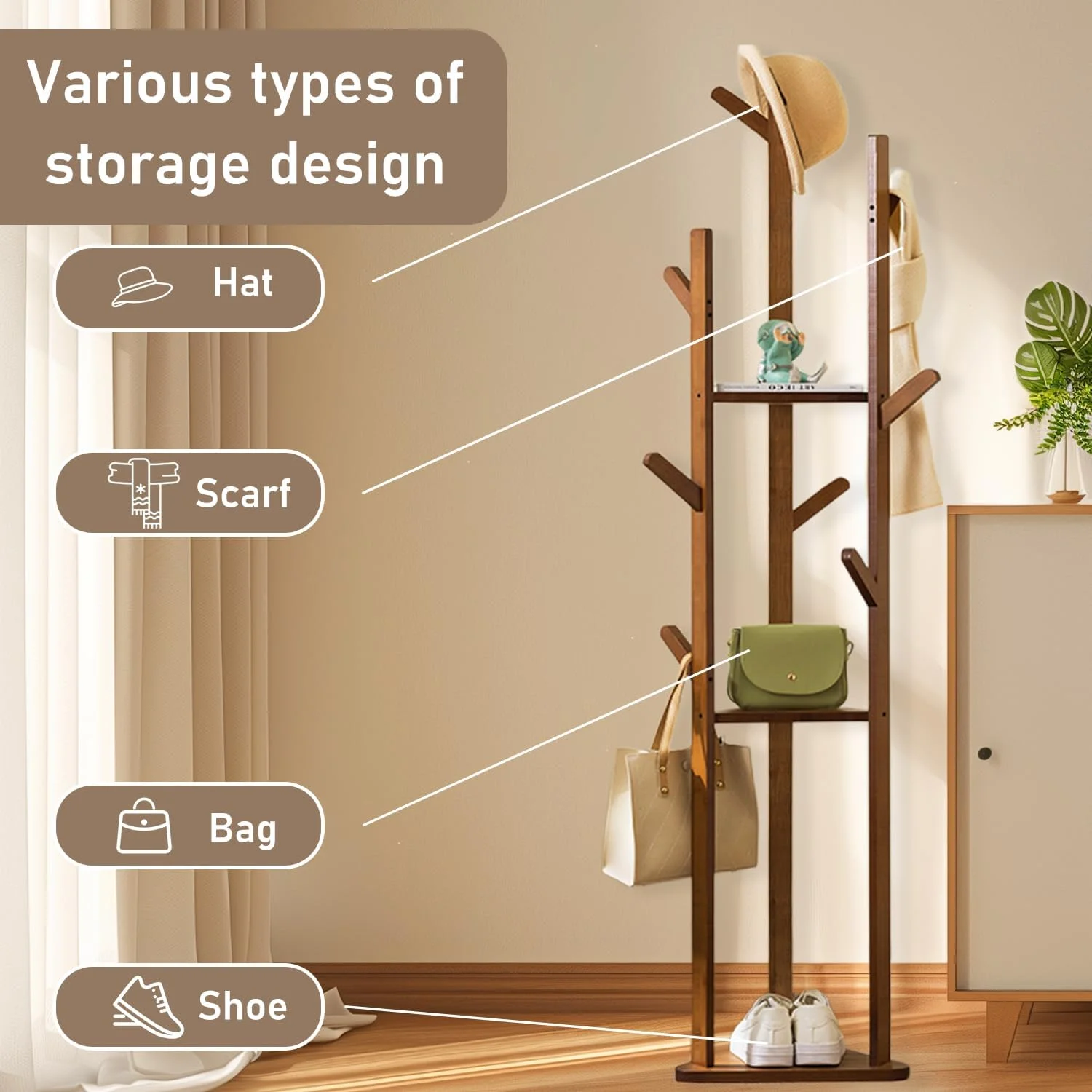 چوب لباسی ایستاده بامبو: رخت آویز چوبی با 3 طبقه و 10 آویز، مناسب برای ورودی منزل، چند منظوره، مناسب اتاق خواب و راهرو (گردویی) چوب لباسی ایستاده بامبو: رخت آویز چوبی با 3 طبقه و 10 آویز، مناسب برای ورودی منزل، چند منظوره، مناسب اتاق خواب و راهرو (گردویی)