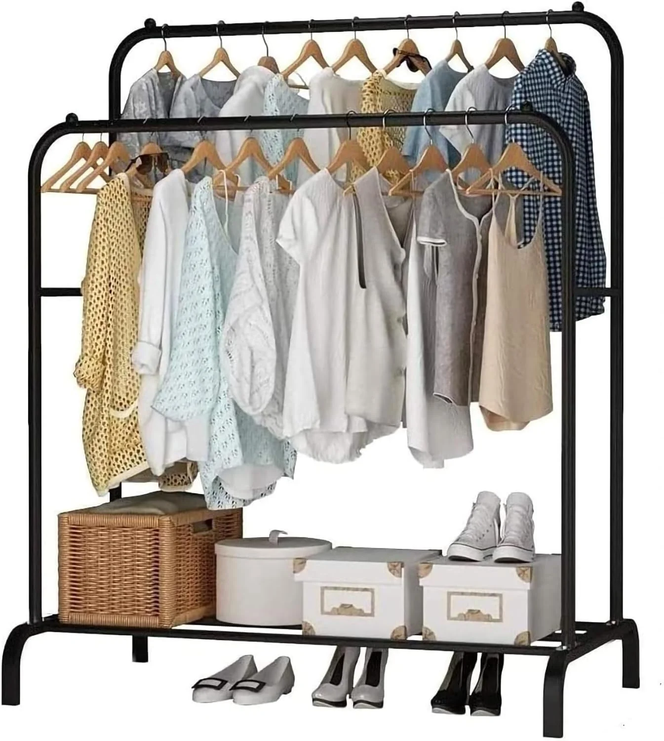 رگال لباس فلزی پریمیوم توشیونیکس با ریل دوبل - نگهداری لباس سنگین برای اتاق خواب، ورودی، قفسه کفش، سازمان دهنده لباس مدرن ایستاده برای خانه، نمایش خرده فروشی (مشکی)