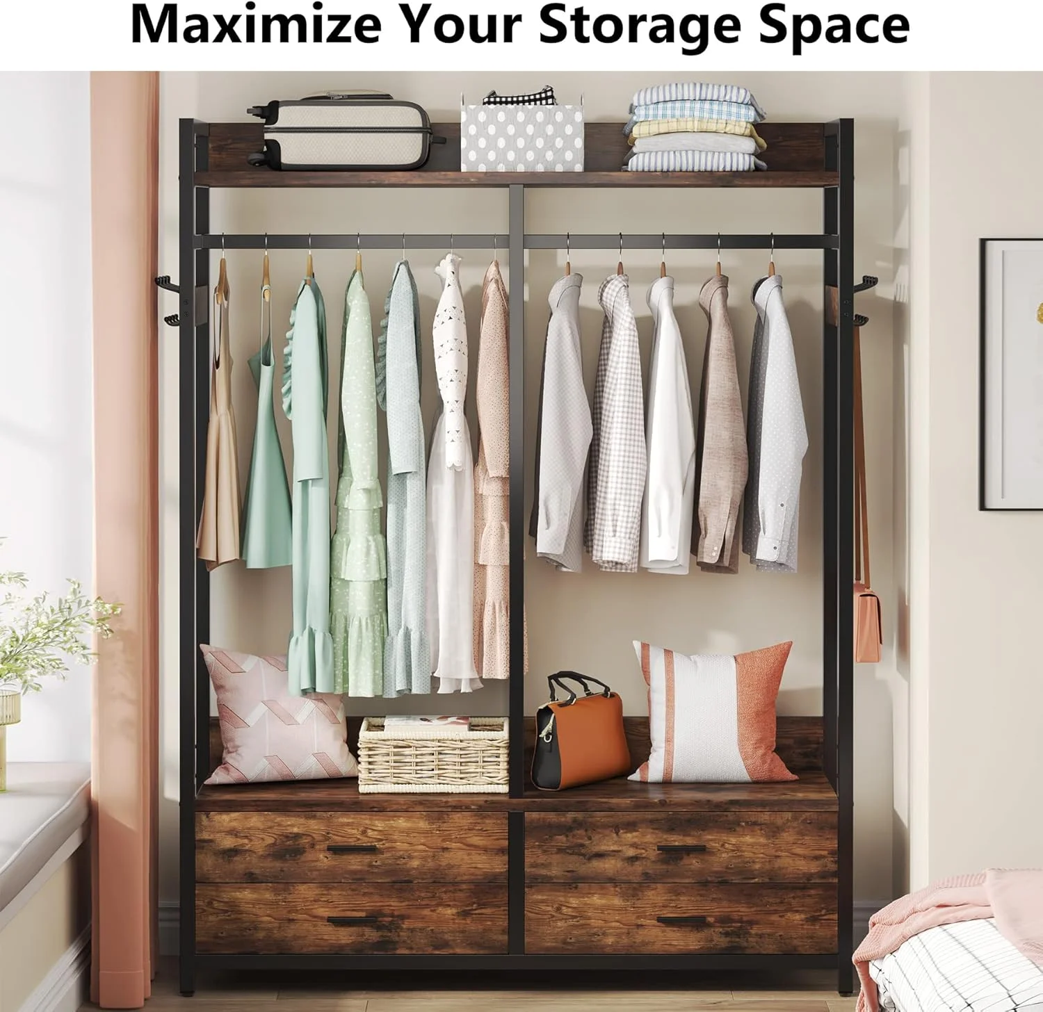 رگال لباس ایستاده Tribesigns برای آویزان کردن لباس، رگال لباس سنگین با 4 کشو، 8 آویز و قفسه های ذخیره سازی، رگال کمد لباس برای اتاق خواب، اتاق نشیمن، قهوه ای روستایی رگال لباس ایستاده Tribesigns برای آویزان کردن لباس، رگال لباس سنگین با 4 کشو، 8 آویز و قفسه های ذخیره سازی، رگال کمد لباس برای اتاق خواب، اتاق نشیمن، قهوه ای روستایی