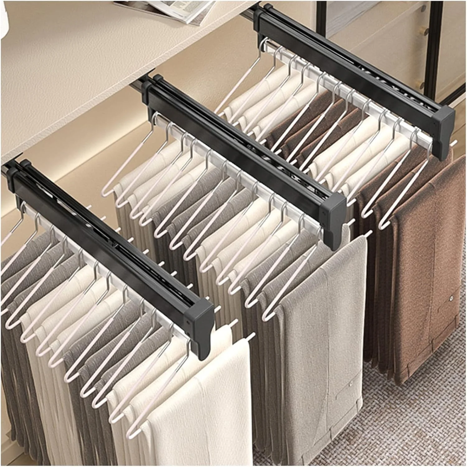 ریل شلوار آویز ریلی، نگهدارنده کراوات قابل تنظیم از جنس استیل ضد زنگ، سازمان دهنده کمد کشویی، 1 عدد، برای شلوار جین، حوله، کراوات، شال، لباس و روسری، 300 میلی متر