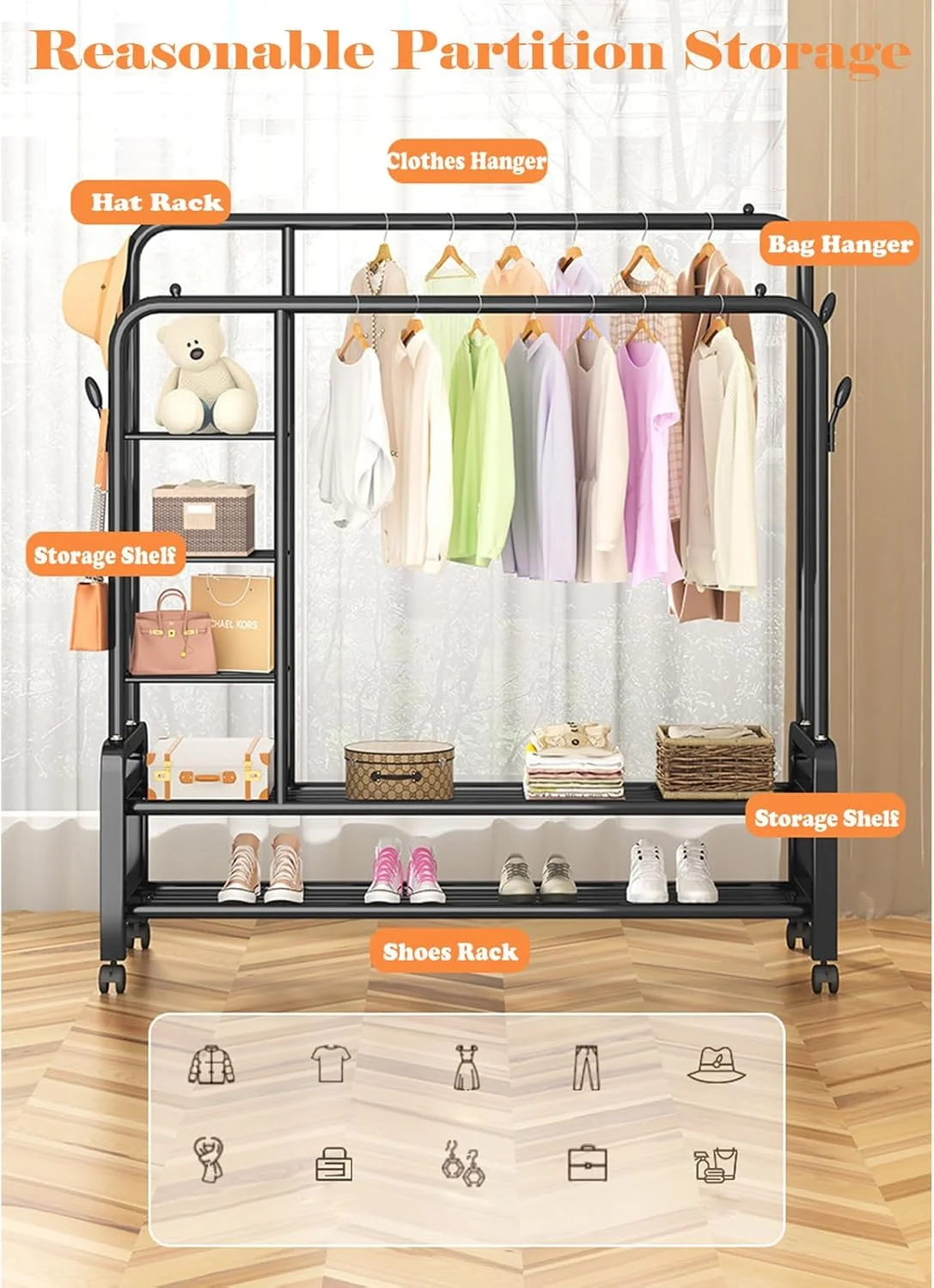 رگال لباس دو میله ای U-HOOME با 4 طبقه قفسه ذخیره سازی، رگال لباس سنگین با چرخ برای خشک کردن کت و شلوار، سازمان دهنده لباس با قلاب برای اتاق خواب، کمد لباس، فروشگاه (130 سانتی متر) رگال لباس دو میله ای U-HOOME با 4 طبقه قفسه ذخیره سازی، رگال لباس سنگین با چرخ برای خشک کردن کت و شلوار، سازمان دهنده لباس با قلاب برای اتاق خواب، کمد لباس، فروشگاه (130 سانتی متر)