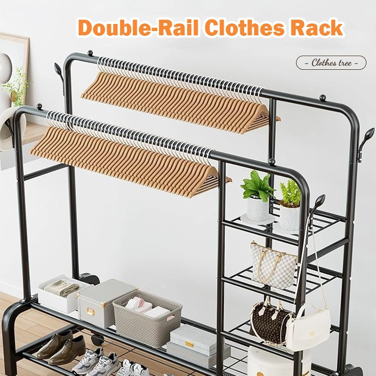 رگال لباس دو میله ای U-HOOME با 4 طبقه قفسه ذخیره سازی، رگال لباس سنگین با چرخ برای خشک کردن کت و شلوار، سازمان دهنده لباس با قلاب برای اتاق خواب، کمد لباس، فروشگاه (130 سانتی متر) رگال لباس دو میله ای U-HOOME با 4 طبقه قفسه ذخیره سازی، رگال لباس سنگین با چرخ برای خشک کردن کت و شلوار، سازمان دهنده لباس با قلاب برای اتاق خواب، کمد لباس، فروشگاه (130 سانتی متر)