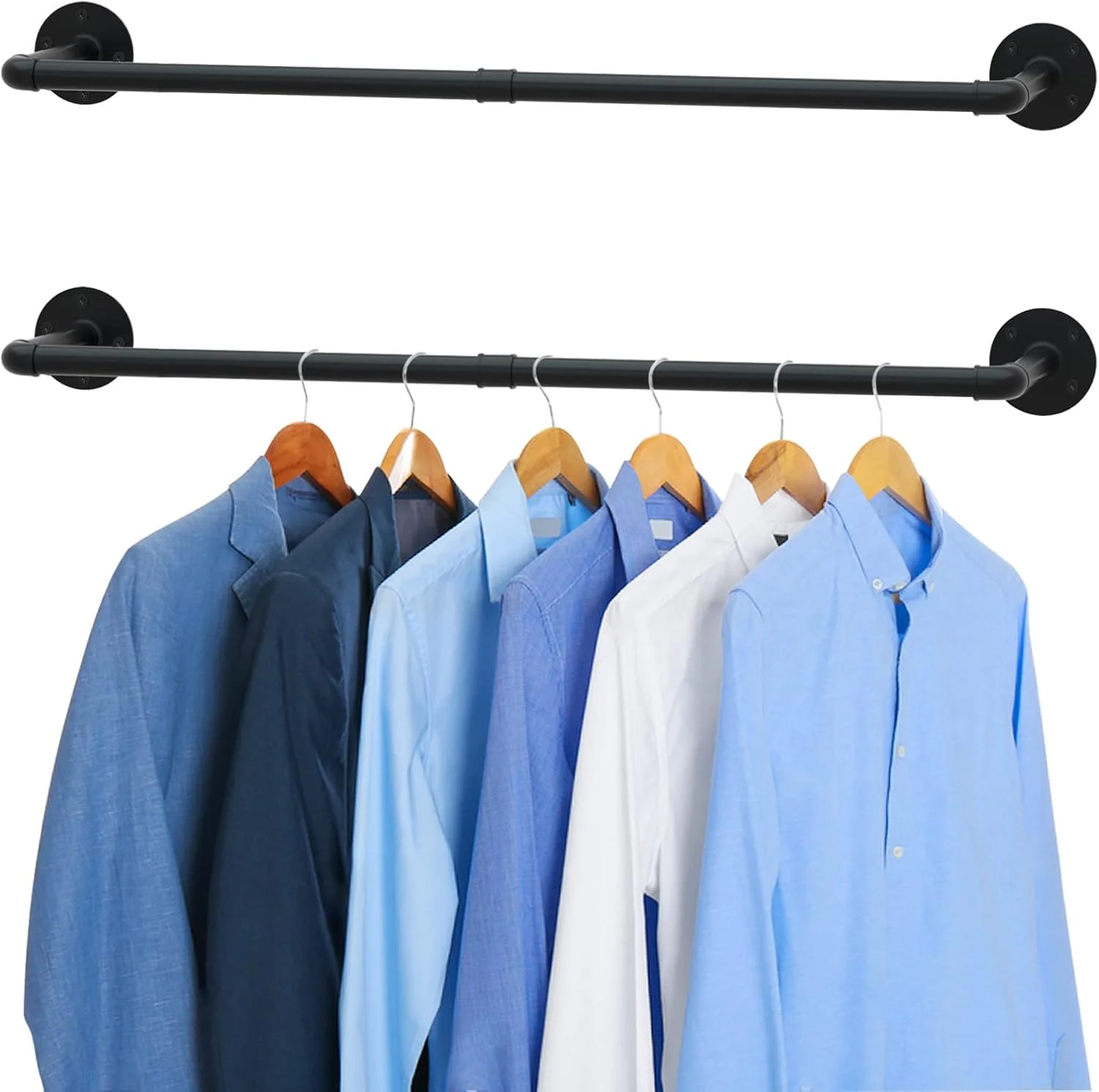 ریل لباس لوله صنعتی دکو شهری، 92 سانتی متر، نصب دیواری برای اتاق خواب، ریل لباس سنگین، میله لباس جداشدنی آهنی با 2 پایه (تا 45 کیلوگرم)- بسته 2 عددی