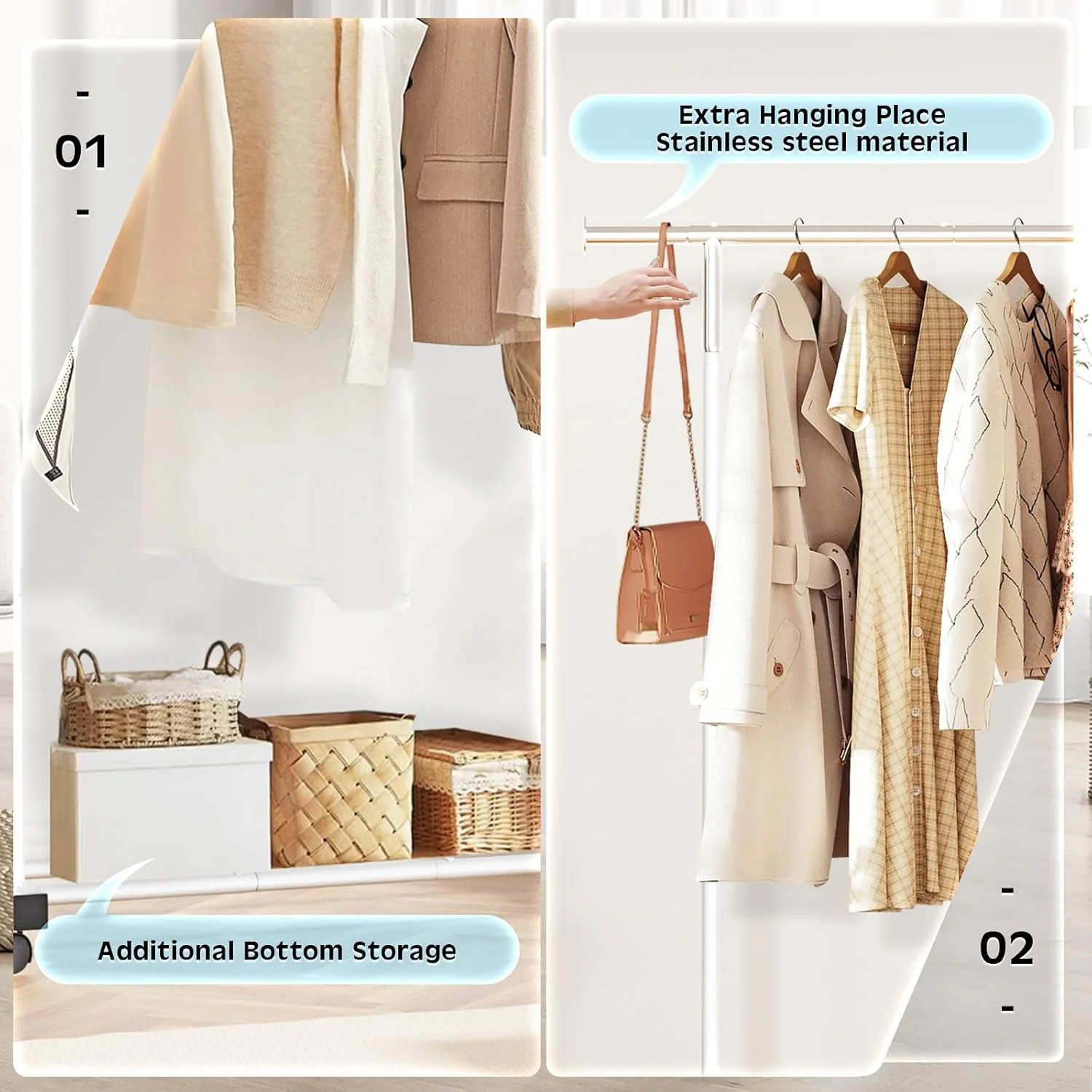 رگال لباس VICERII، رگال لباس چرخ دار با قفسه زیرین، ظرفیت 60 کیلوگرم، مناسب برای آویزان کردن لباس، کت، پیراهن، پلیور، دامن، سفید