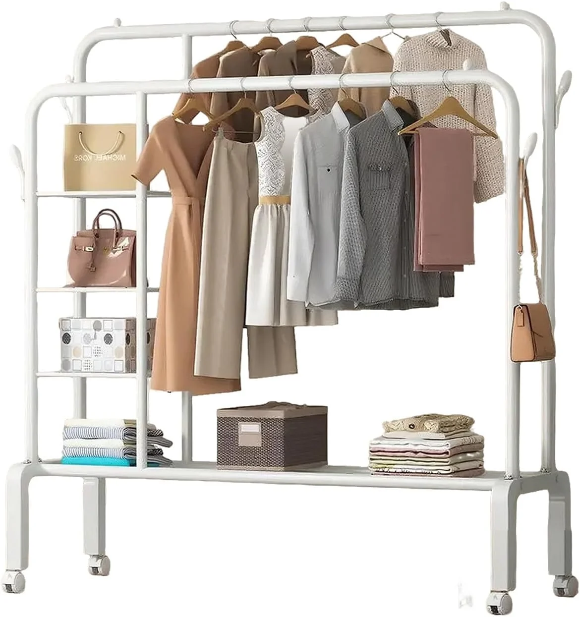 آویز لباس ایستاده U-HOOME، رگال لباس برای آویزان کردن لباس، رگال لباس فلزی دو ردیفه با قفسه کفش، قفسه های ذخیره سازی لباس ایستاده ریل لباس قفسه کت برای خانه داخلی (سفید)