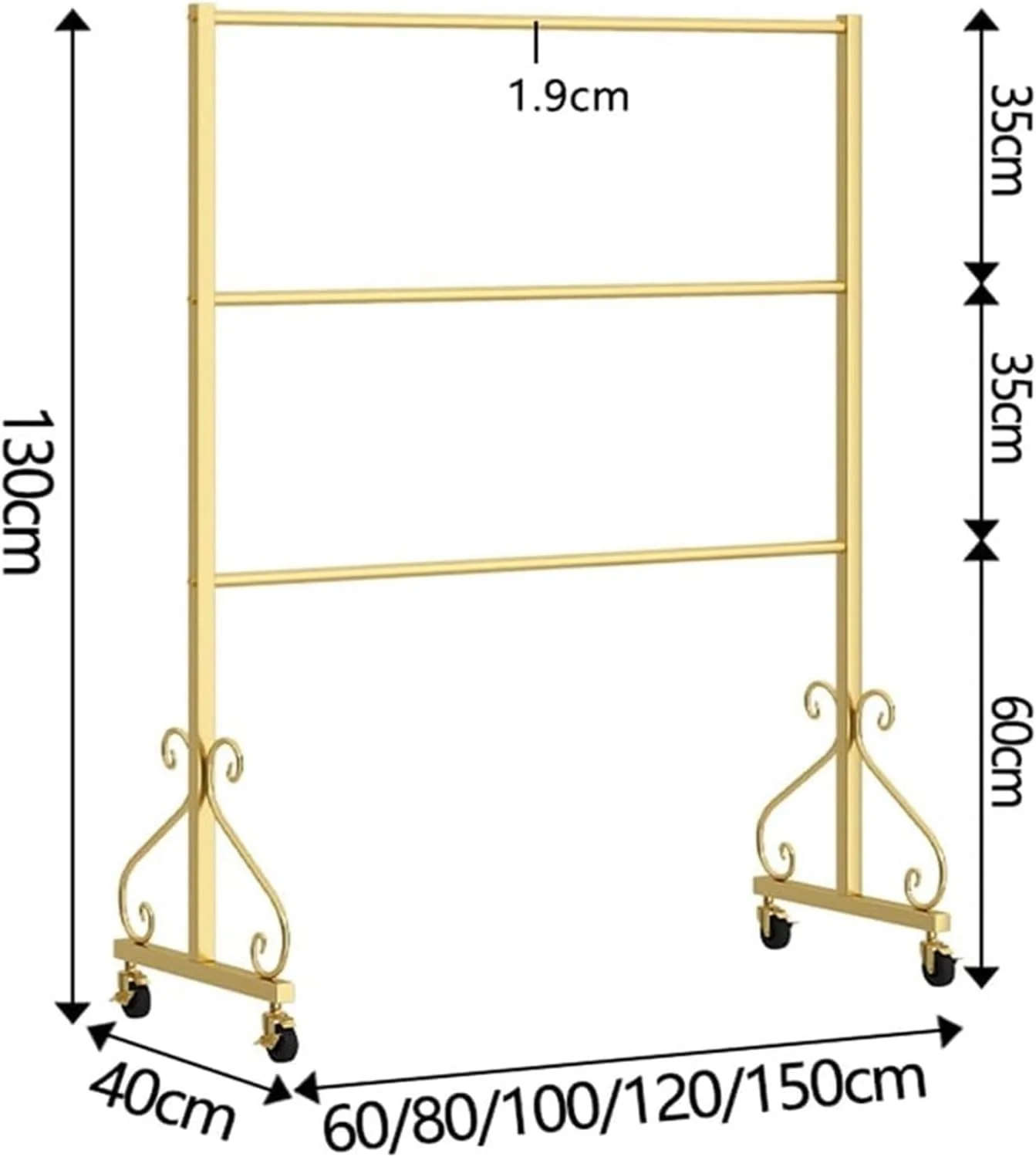 ریل لباس، قفسه فلزی نمایش لباس زیر، قفسه فروشگاهی لباس، سوتین، شورت، لباس شنا، قفسه نگهداری خرده فروشی با چرخ برای اتاق خواب/بوتیک، جابجایی آسان (طلایی، 60x40x130 سانتی متر)