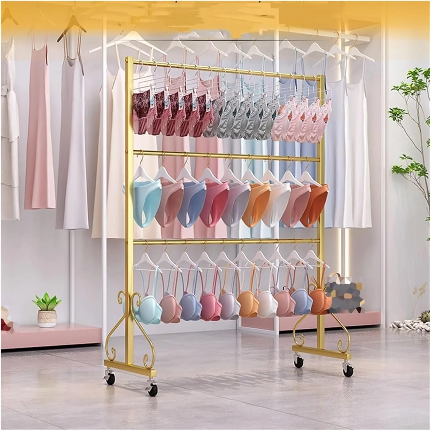 ریل لباس، قفسه فلزی نمایش لباس زیر، قفسه فروشگاهی لباس، سوتین، شورت، لباس شنا، قفسه نگهداری خرده فروشی با چرخ برای اتاق خواب/بوتیک، جابجایی آسان (طلایی، 60x40x130 سانتی متر)