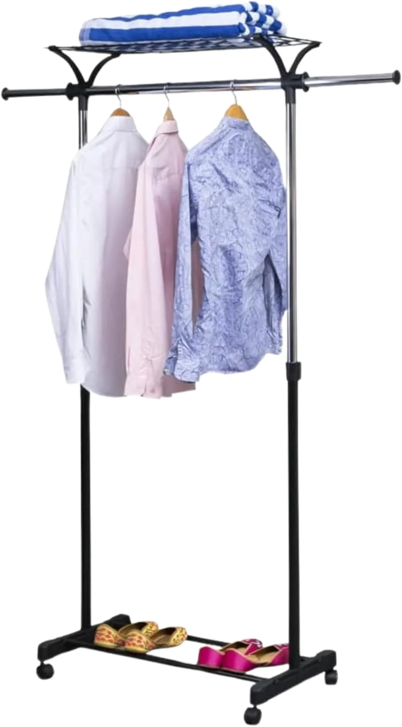 رگال لباس قابل تنظیم WT-EASYCARE با قفسه بالایی - پایه تاشو خشک کن لباس با چرخ، میله های قابل افزایش (82 سانتی متر تا 140 سانتی متر)، سازمان دهنده چند منظوره برای اتاق خواب، لباسشویی و نمایشگاه
