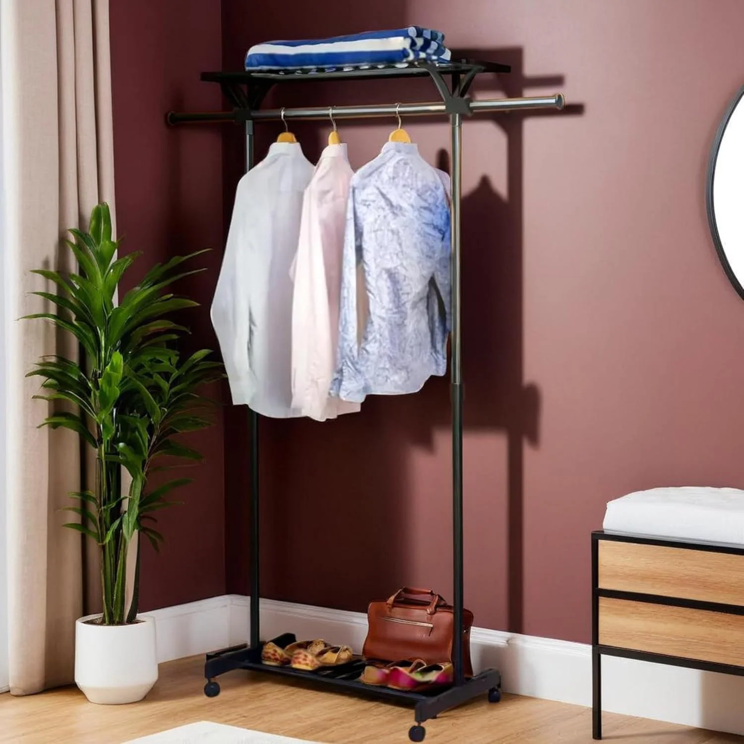 رگال لباس قابل تنظیم WT-EASYCARE با قفسه بالایی - پایه تاشو خشک کن لباس با چرخ، میله های قابل افزایش (82 سانتی متر تا 140 سانتی متر)، سازمان دهنده چند منظوره برای اتاق خواب، لباسشویی و نمایشگاه رگال لباس قابل تنظیم WT-EASYCARE با قفسه بالایی - پایه تاشو خشک کن لباس با چرخ، میله های قابل افزایش (82 سانتی متر تا 140 سانتی متر)، سازمان دهنده چند منظوره برای اتاق خواب، لباسشویی و نمایشگاه