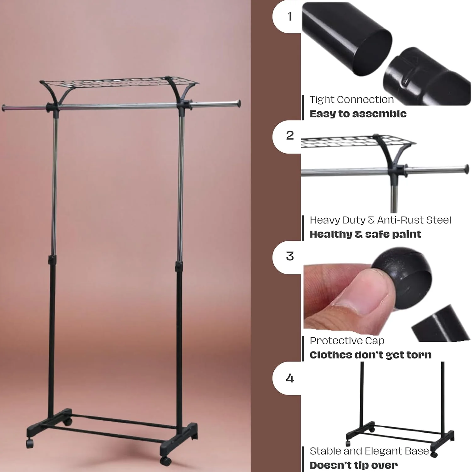 رگال لباس قابل تنظیم WT-EASYCARE با قفسه بالایی - پایه تاشو خشک کن لباس با چرخ، میله های قابل افزایش (82 سانتی متر تا 140 سانتی متر)، سازمان دهنده چند منظوره برای اتاق خواب، لباسشویی و نمایشگاه رگال لباس قابل تنظیم WT-EASYCARE با قفسه بالایی - پایه تاشو خشک کن لباس با چرخ، میله های قابل افزایش (82 سانتی متر تا 140 سانتی متر)، سازمان دهنده چند منظوره برای اتاق خواب، لباسشویی و نمایشگاه