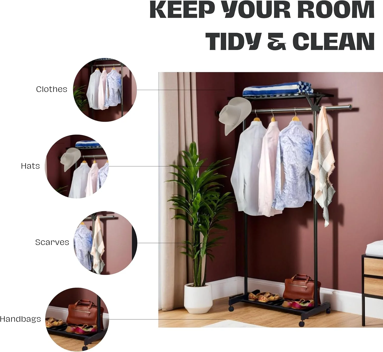 رگال لباس قابل تنظیم WT-EASYCARE با قفسه بالایی - پایه تاشو خشک کن لباس با چرخ، میله های قابل افزایش (82 سانتی متر تا 140 سانتی متر)، سازمان دهنده چند منظوره برای اتاق خواب، لباسشویی و نمایشگاه رگال لباس قابل تنظیم WT-EASYCARE با قفسه بالایی - پایه تاشو خشک کن لباس با چرخ، میله های قابل افزایش (82 سانتی متر تا 140 سانتی متر)، سازمان دهنده چند منظوره برای اتاق خواب، لباسشویی و نمایشگاه