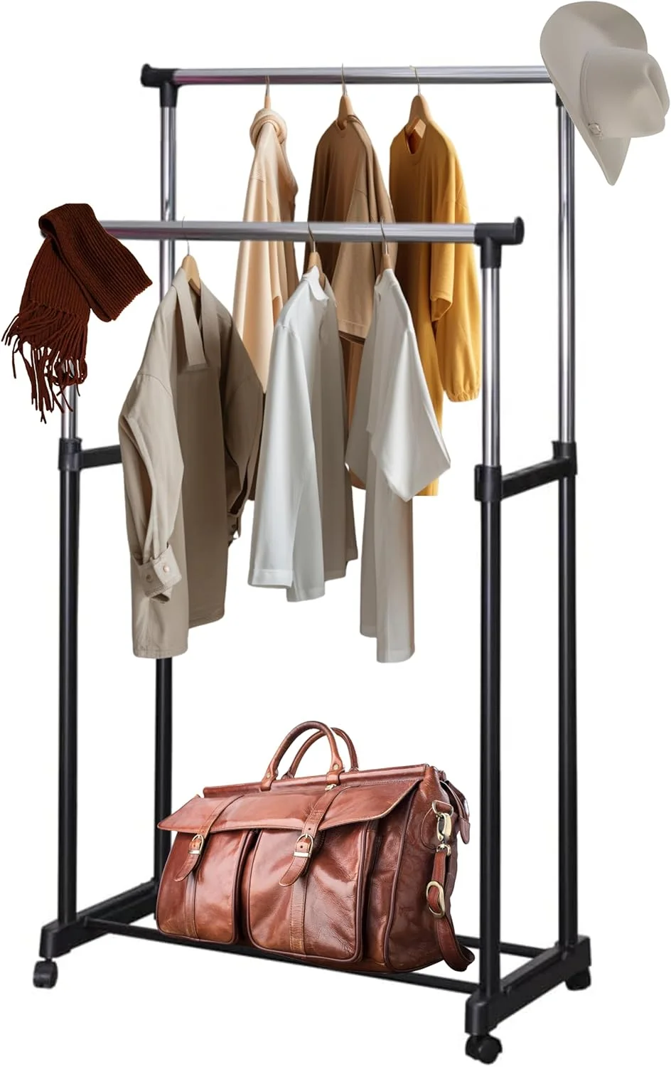 رگال لباس دو طبقه چند منظوره WT-EASYCARE، ریل لباس سنگین | رگال لباس دو میله ای + چرخ با قفسه زیرین برای کفش، کت و شلوار، بلیزر | رگال آویز لباس تاشو قابل حمل رگال لباس دو طبقه چند منظوره WT-EASYCARE، ریل لباس سنگین | رگال لباس دو میله ای + چرخ با قفسه زیرین برای کفش، کت و شلوار، بلیزر | رگال آویز لباس تاشو قابل حمل