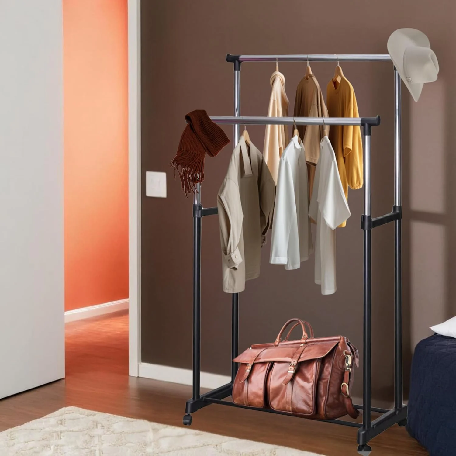 رگال لباس دو طبقه چند منظوره WT-EASYCARE، ریل لباس سنگین | رگال لباس دو میله ای + چرخ با قفسه زیرین برای کفش، کت و شلوار، بلیزر | رگال آویز لباس تاشو قابل حمل رگال لباس دو طبقه چند منظوره WT-EASYCARE، ریل لباس سنگین | رگال لباس دو میله ای + چرخ با قفسه زیرین برای کفش، کت و شلوار، بلیزر | رگال آویز لباس تاشو قابل حمل